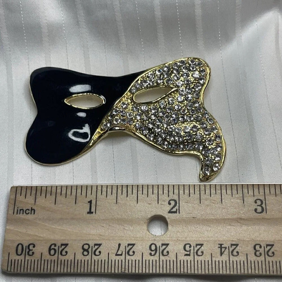 Vintage Black Enamel And Clear Rhinestone Mask Brooch Pin Unmarked - Picture 4 of 4